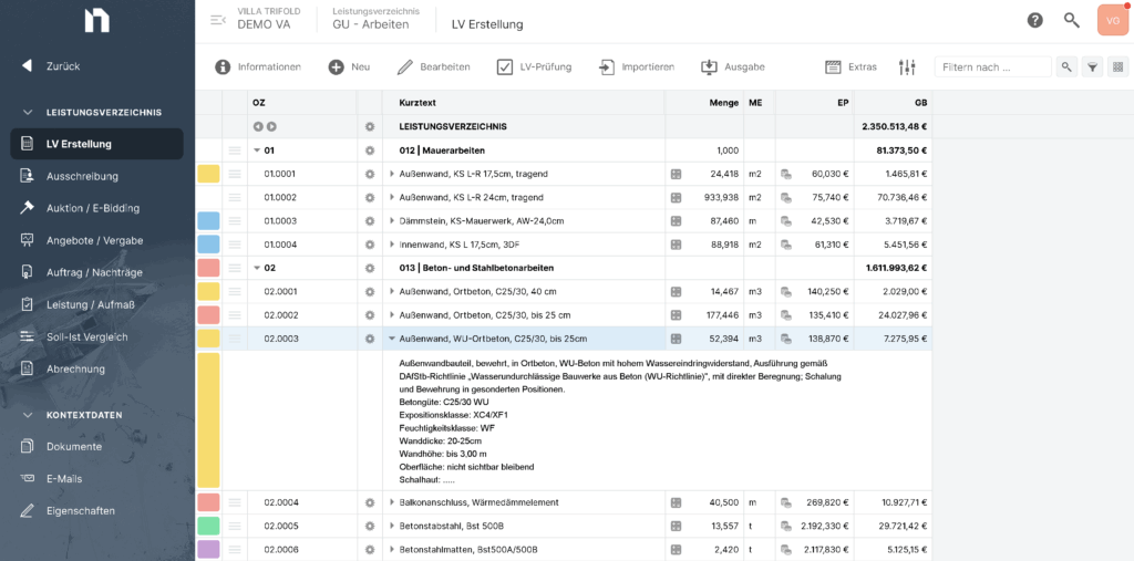 Leistungsverzeichnis erstellen Screenshot NOVA AVA