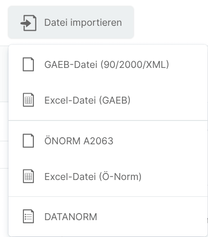 Leistungsverzeichnis Importfunktion
