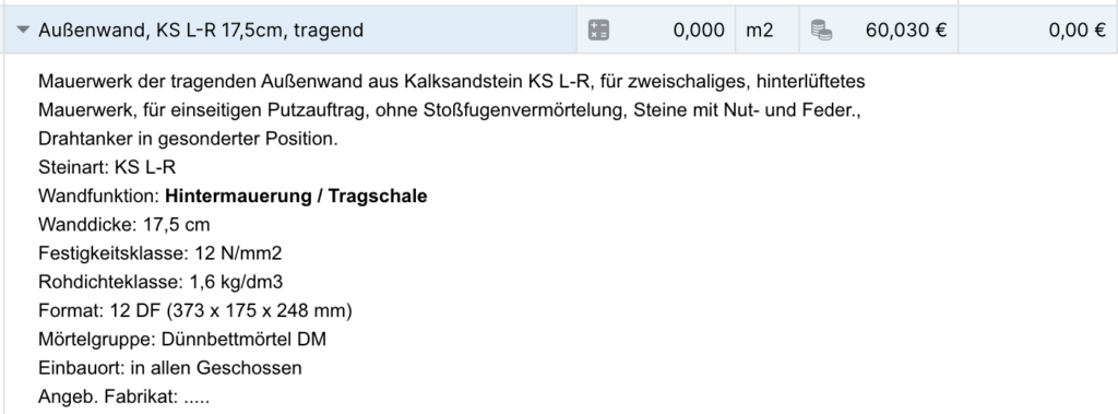 Screenshot Leistungsverzeichnis Detailansicht